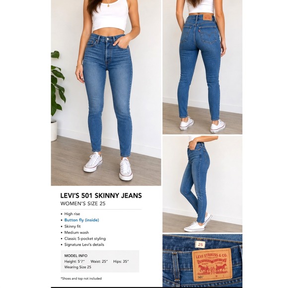 Levi's Denim - Levis 501 Skinny Jeans Womens 25 Medium Wash High Rise Button Fly Classic Denim